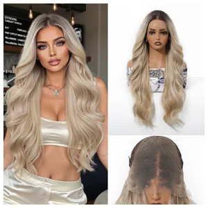 Detailed view of long wavy ombre ash blonde 13x6 lace wig on model and cap structure