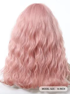 Detailed back view of a 16-inch long wavy pink synthetic cosplay wig for women and girls