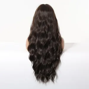 Back view detail of a long wavy dark brown wig with natural matte synthetic texture.