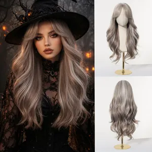 Detailed view of long wavy ash blonde ombre wig for Halloween cosplay costumes