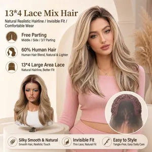 Όμπρε Ξανθό 13x4 Lace Front Περούκα Μείγμα Φυσικής Τρίχας Μακριά Σγουρά Κυματιστά Μαλλιά για Γυναίκες Φυσική Γραμμή Μαλλιών Καθημερινό Πάρτι