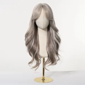 Elegant long wavy silver grey gradient wig with bangs for cosplay and daily fashion wear