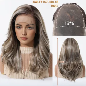 Multi-angle views of ash blonde ombre long wavy Futura lace wig with 13x6 mesh detail