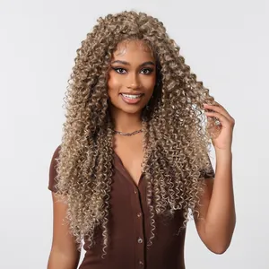 Detailed macro shot of long blonde 13x6 lace front afro kinky curly synthetic wig texture