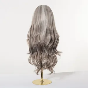 Detailed back view of a long wavy ash blonde synthetic wig on a gold mannequin stand