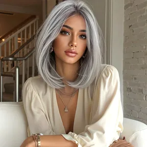 Elegante peluca bob de encaje gris plateado con línea de cabello natural para mujer