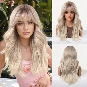 Long wavy ash blonde wig with bangs, professional matte high-temperature silk look