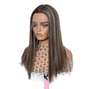 Premium hand-woven human hair straight wig in dark brown with natural highlights.