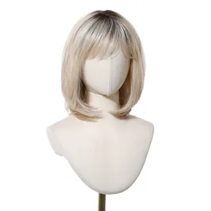 Peluca bob corta rubia ombré con flequillo, mezcla de cabello natural para mujeres
