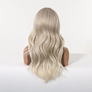 Detailed back view of long wavy ash blonde synthetic wig with realistic texture