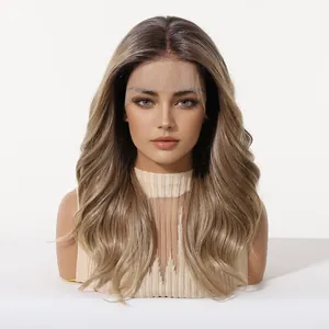 Long wavy ombre blonde brown lace front wig for women with a natural looking hairline