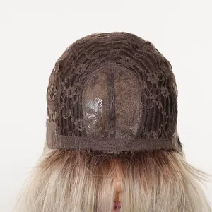 Close-up detail of the breathable brown lace inner cap structure for blonde wavy wig