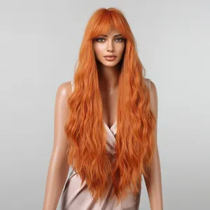 Vibrant long wavy orange cosplay wig with stylish air bangs for Halloween costume party