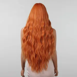 Back view showing texture of long wavy bright orange synthetic wig for cosplay