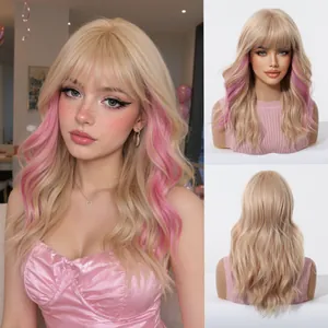 Detailed view of long wavy blonde wig with pink highlights and bangs on model and mannequin