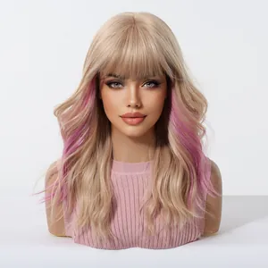 Detailed view of long wavy blonde synthetic wig with vibrant purple highlights and full bangs