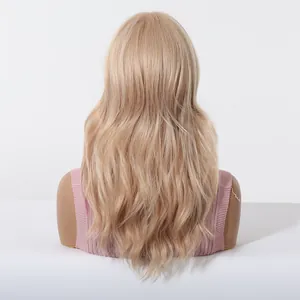 Rear view detail of a long wavy strawberry blonde synthetic cosplay wig with soft curls
