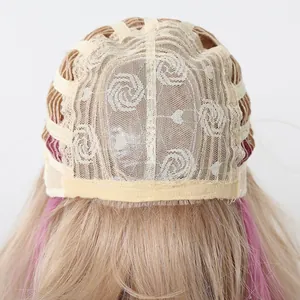 Detailed view of breathable rose net inner cap of purple gradient cosplay wig
