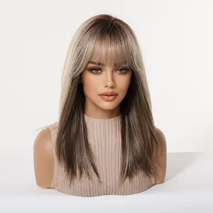 Μακριά συνθετική περούκα ombre brown μήκος κλείδας με φυσικές αφέλειες για γυναίκες