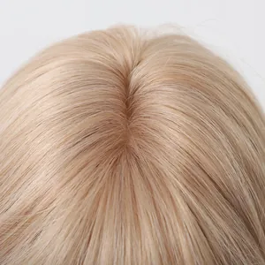 Macro detail of ash blonde cosplay wig crown showing realistic center parting texture