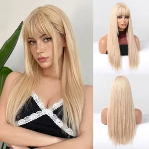 Lange steile blonde pruik met pony gemaakt van matte hittebestendige synthetische vezel