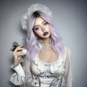 Long wavy gradient purple cosplay wig for Halloween with center part style