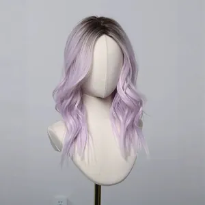 Professional long wavy ombre purple wig with dark roots and center part for cosplay