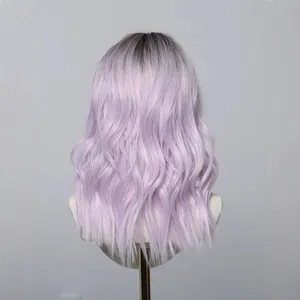 High-quality mid-length ombre purple wavy wig with dark roots for cosplay and Halloween