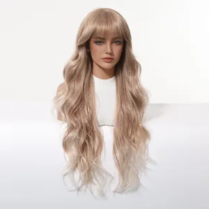 Long wavy rose gold wig with bangs, matte heat resistant synthetic hair for women.