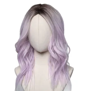 Long wavy ombre lavender purple synthetic wig with middle part for cosplay events