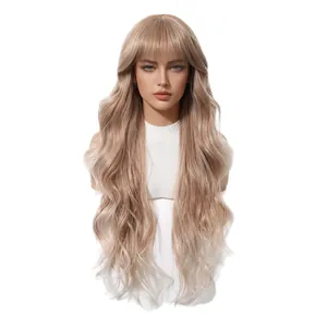 Long wavy ash blonde wig with bangs, matte high-temperature synthetic fiber full wig