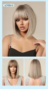Professional detailed views of blonde straight bob wig with bangs from multiple angles
