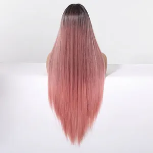 Detailed back view of long straight ombre pink hair wig with smooth synthetic fibers