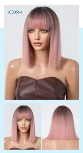 Detail shots showing front and back views of a pink ombre bob wig with sleek bangs