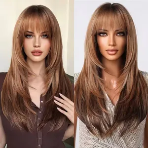 Peluca Larga y Lisa para Mujer Marrón Degradado Corte en Capas Con Flequillo Recto Fibra Sintética Natural