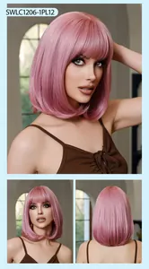 Detailed views of a pink short straight bob wig with bangs on a model from different angles