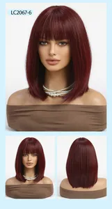 Detailed views of a dark burgundy straight bob wig with bangs displayed on a mannequin head.