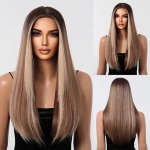 Detailed view of long straight brown wig with blonde highlights from different angles