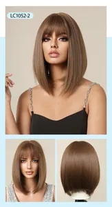 Multi-angle detail views showing front and back of light brown bob wig with bangs