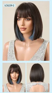 Detail view of short straight brown bob wig with blue highlights and flat bangs