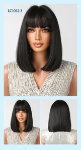 Detailed view of a black short straight bob wig with neat bangs shown on a mannequin