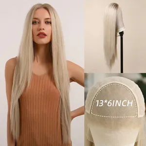 Long ash blonde straight lace front wig with 13x6 inch lace cap for a natural look