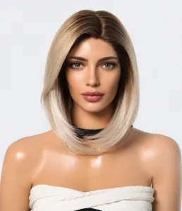 Premium 13x6 lace front bob Perücke mit kurzem glattem blondem Haar und dunklen
