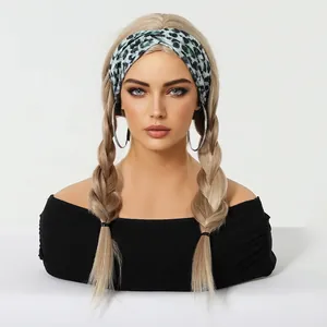 Stylish long blonde braided highlights wig with green leopard print headband on mannequin