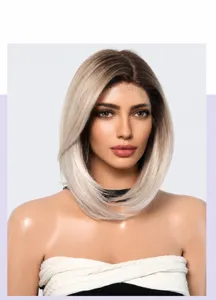 Close-up of 13x6 lace front blonde ombré bob wig with natural middle part.