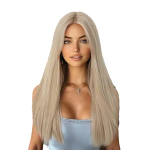 Natural long straight blonde wig with middle part and highlights for women fashion