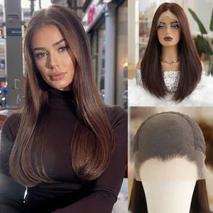 Long straight brown synthetic wig with 13x6 hand-tied lace front cap for women