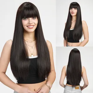 Natural long straight dark brown hair wig with bangs shown from front and back