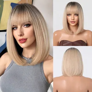Women Short Straight Bob Wig With Flat Bangs Synthetic Heat Resistant Fiber Natural Looking Colorful Bob Hair Wigs For Daily Use Party