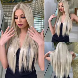 Close-up detail of a long straight platinum blonde 13x6 lace front wig on model